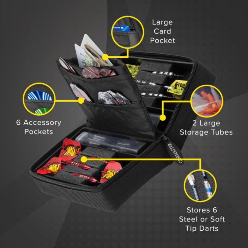 CASEMASTER Classic Nylon Dart Carrying Case for Steel and Soft Tip Darts, Holds 6 Darts Numerous Other Accessories via Generous Storage Pockets, Tubes and Boxes, Black - Image 2